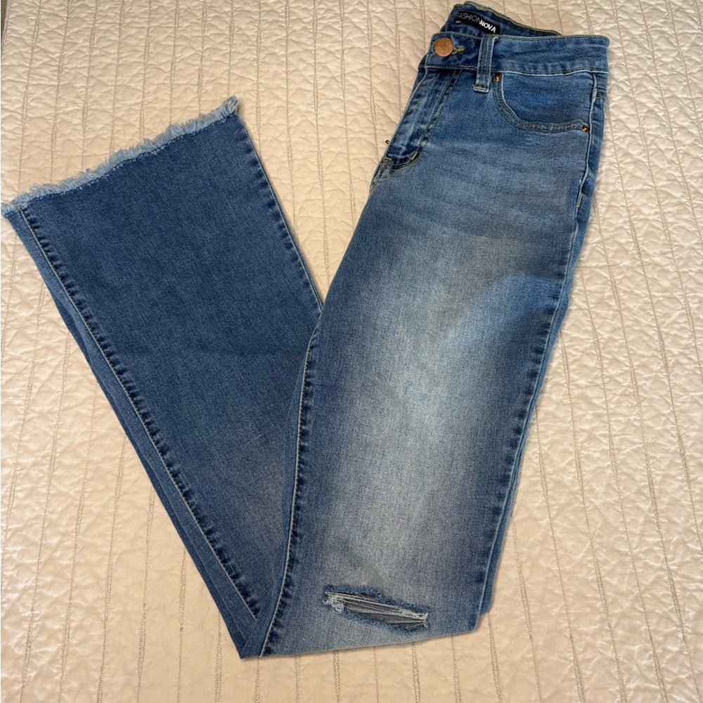 Fashion Nova Distressed Blue Flare Jeans Western
